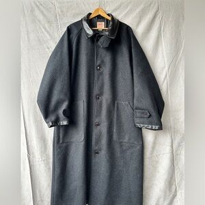 Men's Black Wool Trench Coat with Leather Trim